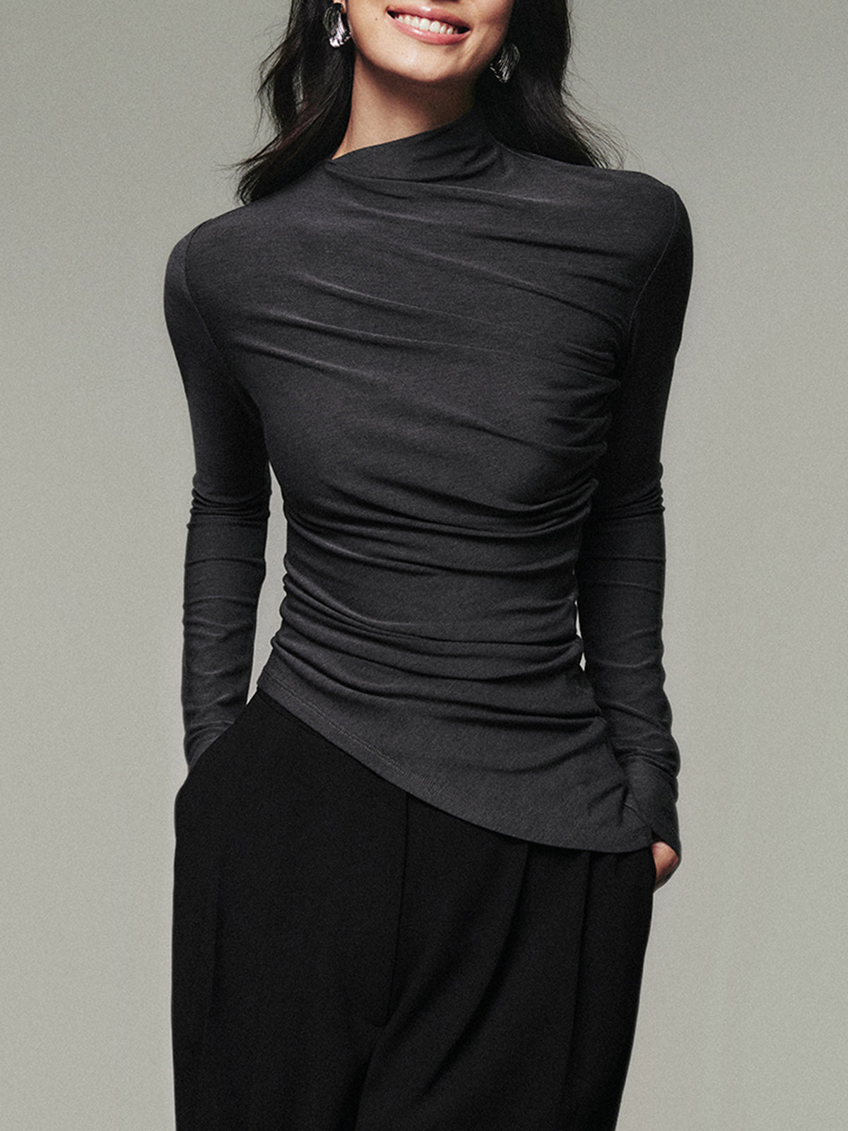 Asymmetric Collar Draped Long Sleeve Shirt